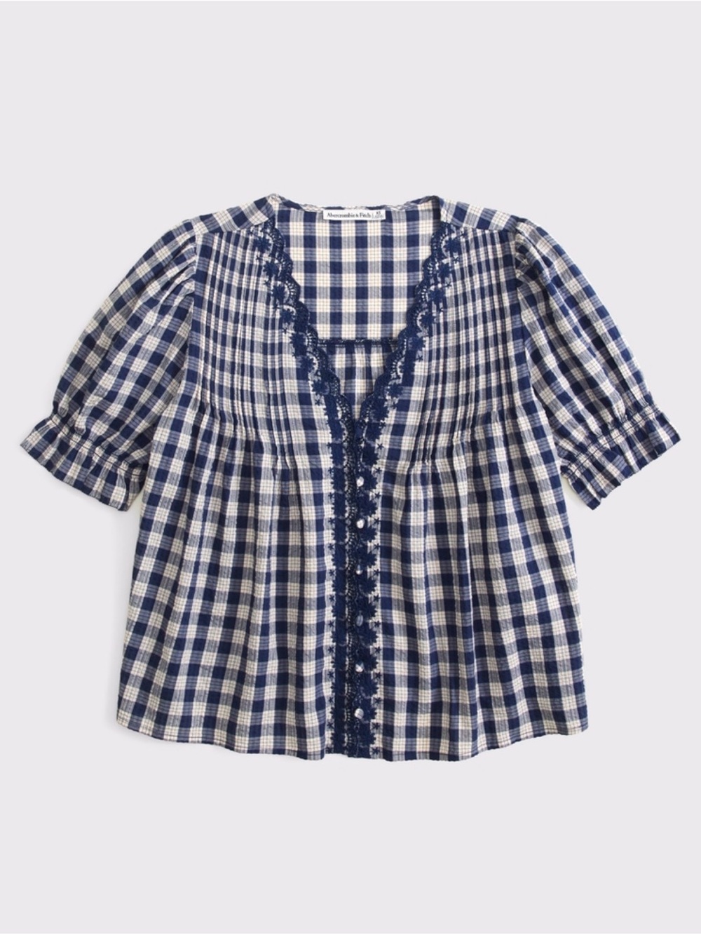 Gingham Lace-Trim Peasant Top - Blue & White